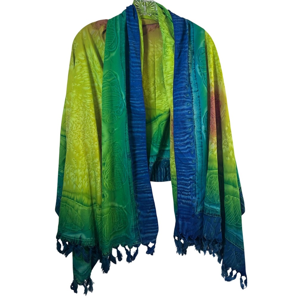 Rima Tropical Fish Batik Sarong Wrap Green Blue Tassel Fringe Beach Cover Up